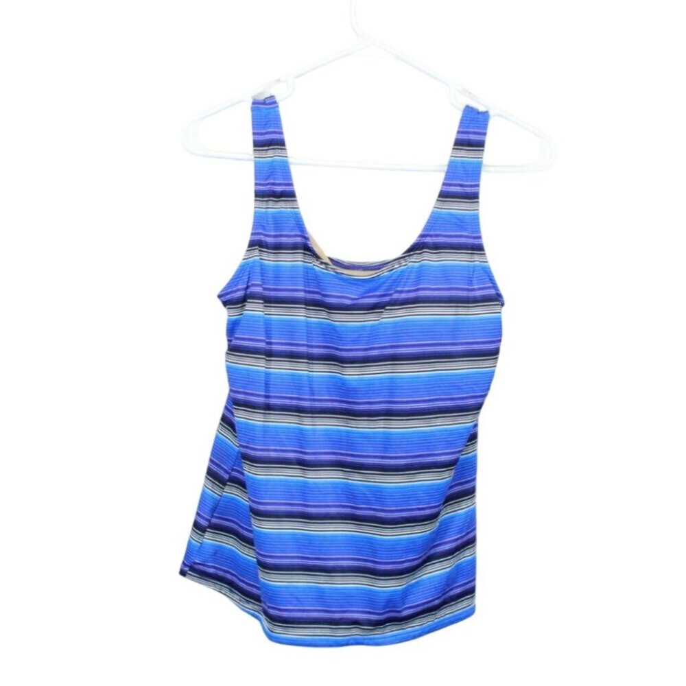 LL Bean Blue Nylon Striped Tankini Sunblocking Swimwear Top Size 8